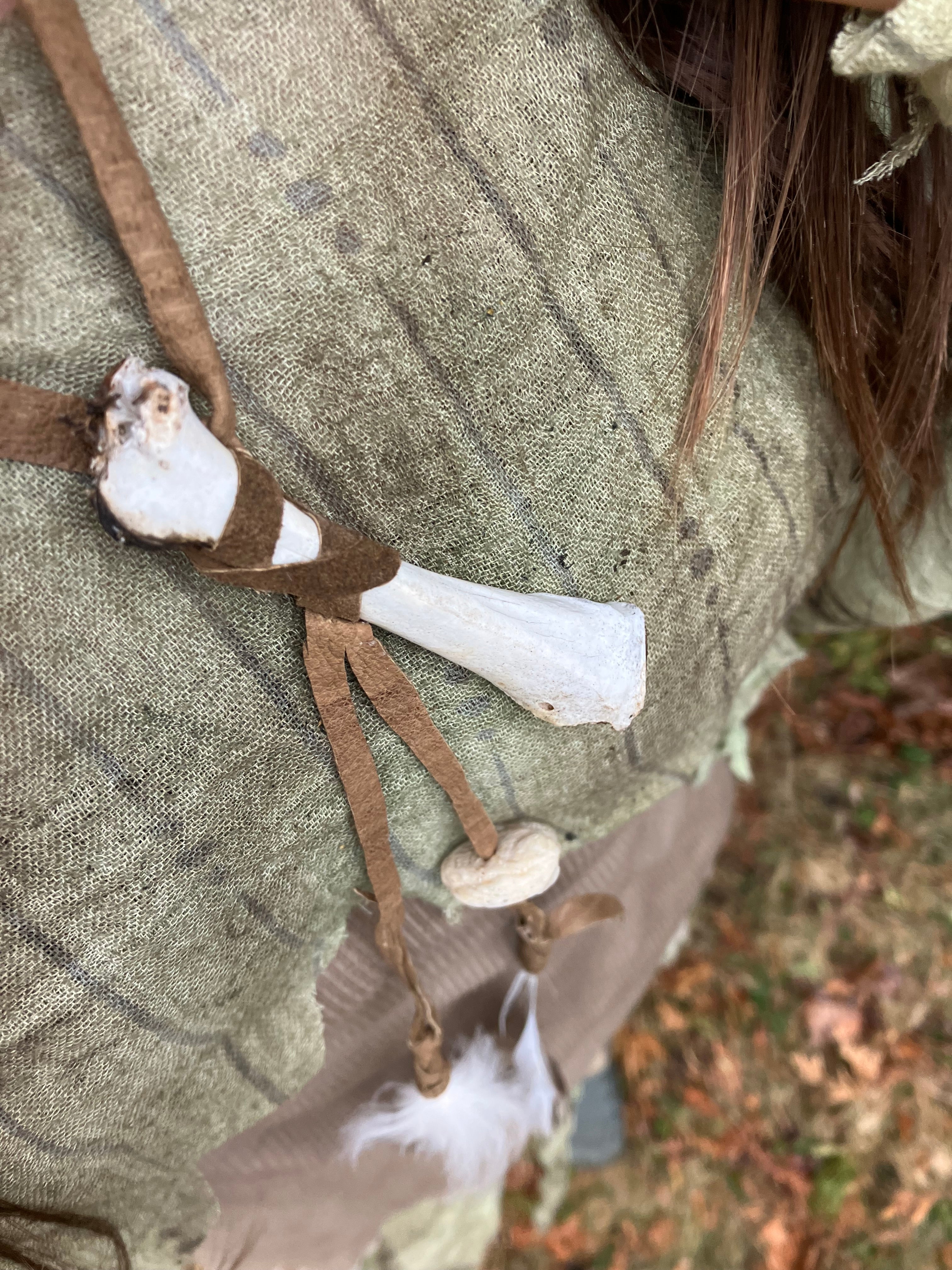 necklace w/ wildcrafted bone, shell & feathers
