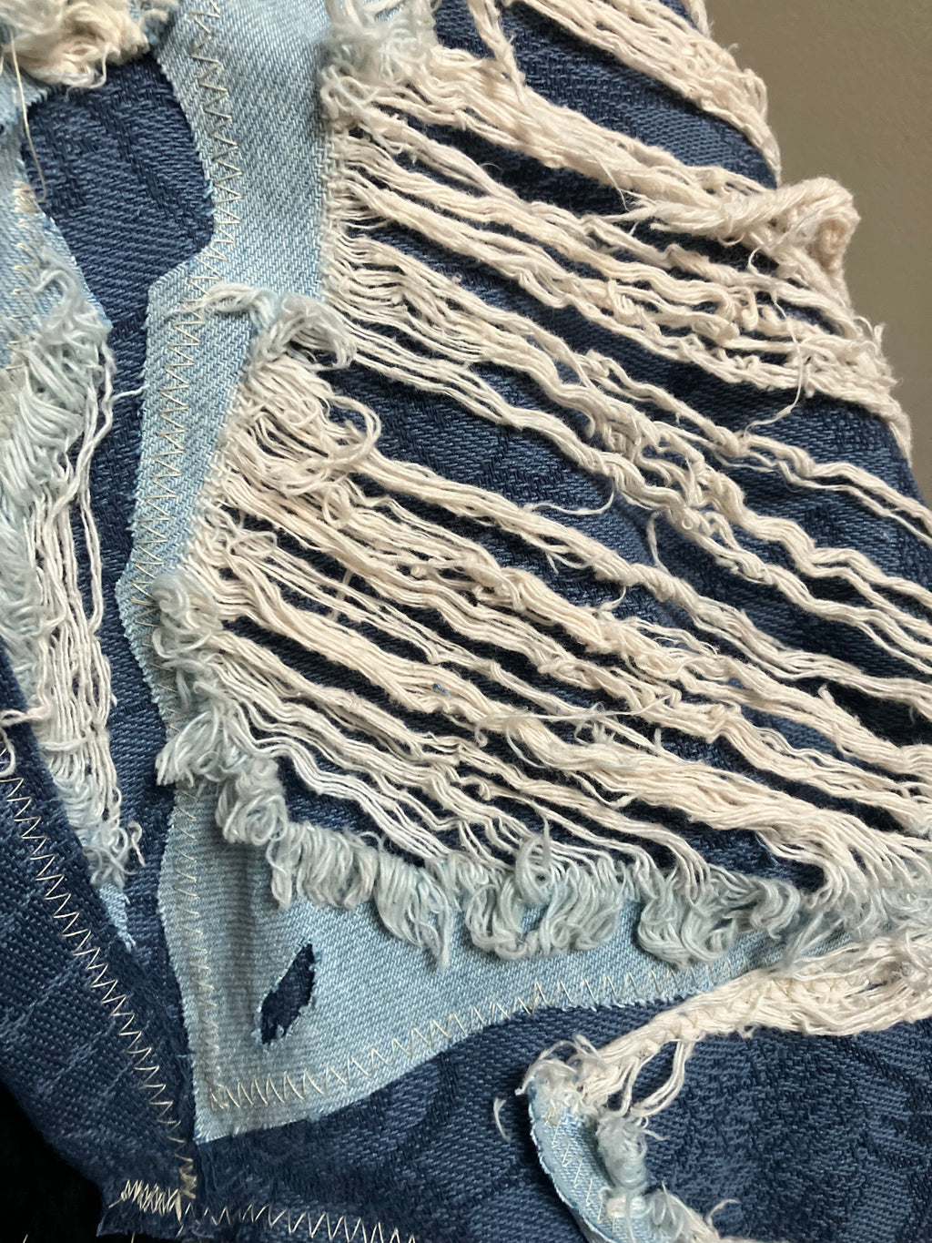 distressed denim patchwork hat ￼