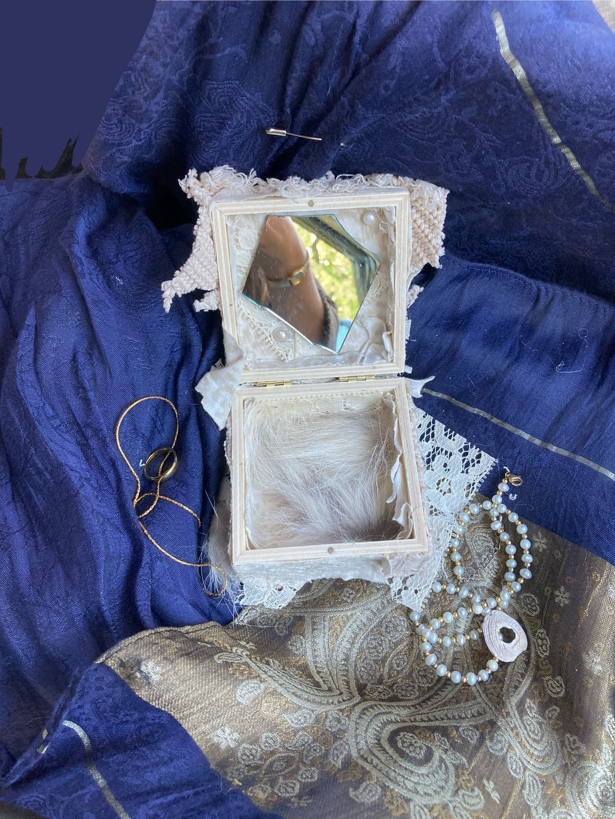 wooden jewelry box with coyote pelt, mirrors & pearls