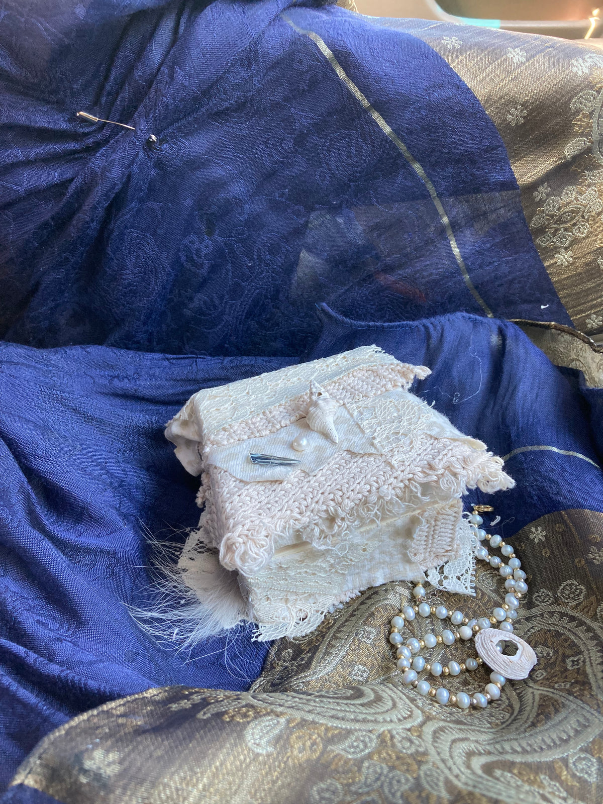 wooden jewelry box with coyote pelt, mirrors & pearls