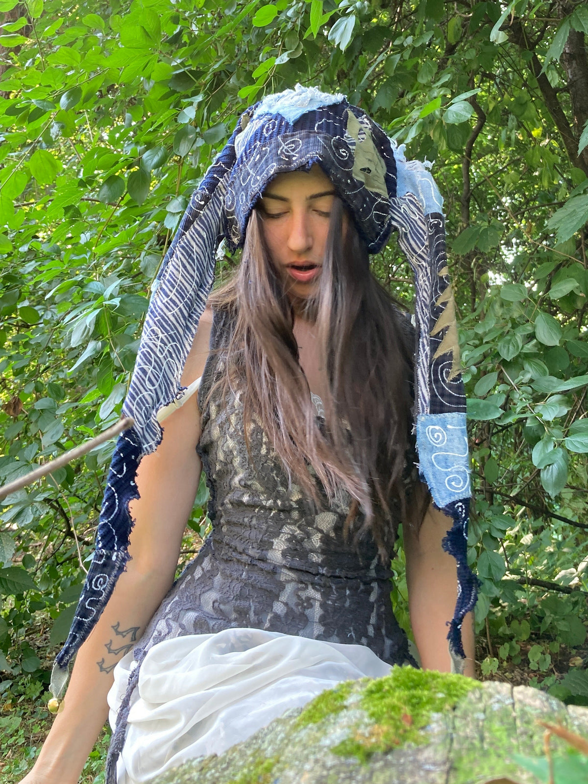 blue swirl jester hat w/ grateful dead patches