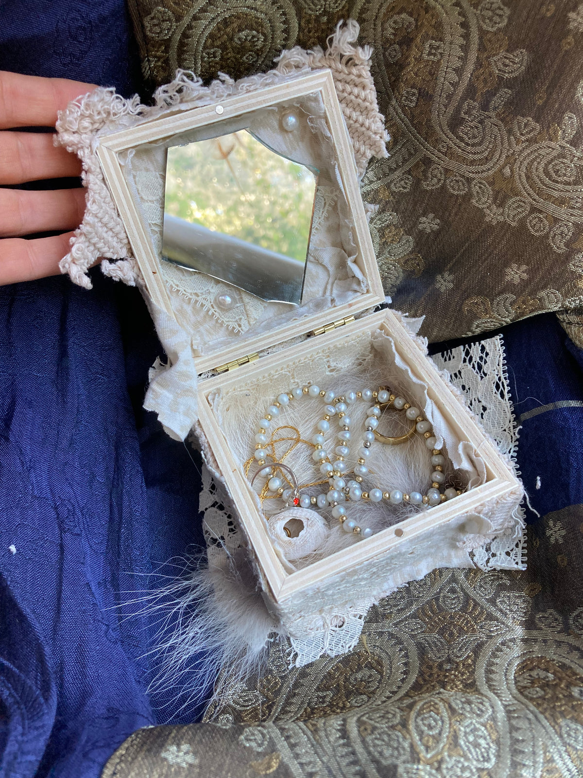 wooden jewelry box with coyote pelt, mirrors & pearls