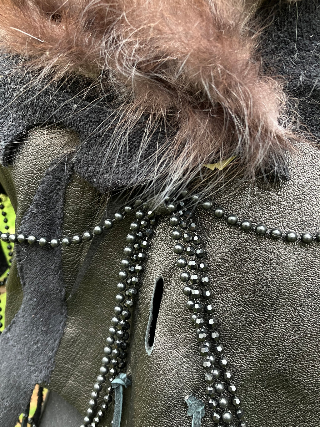 silver fox fur leather top w/ turkey feathers & beads