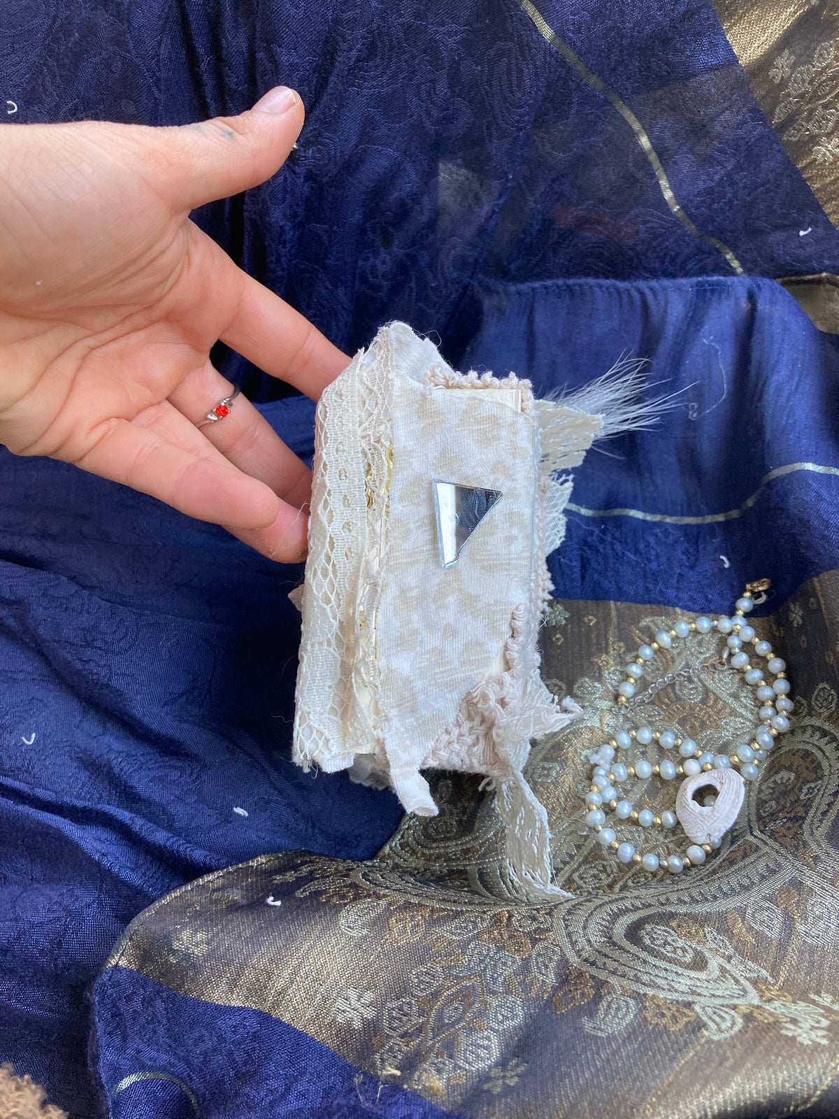 wooden jewelry box with coyote pelt, mirrors & pearls
