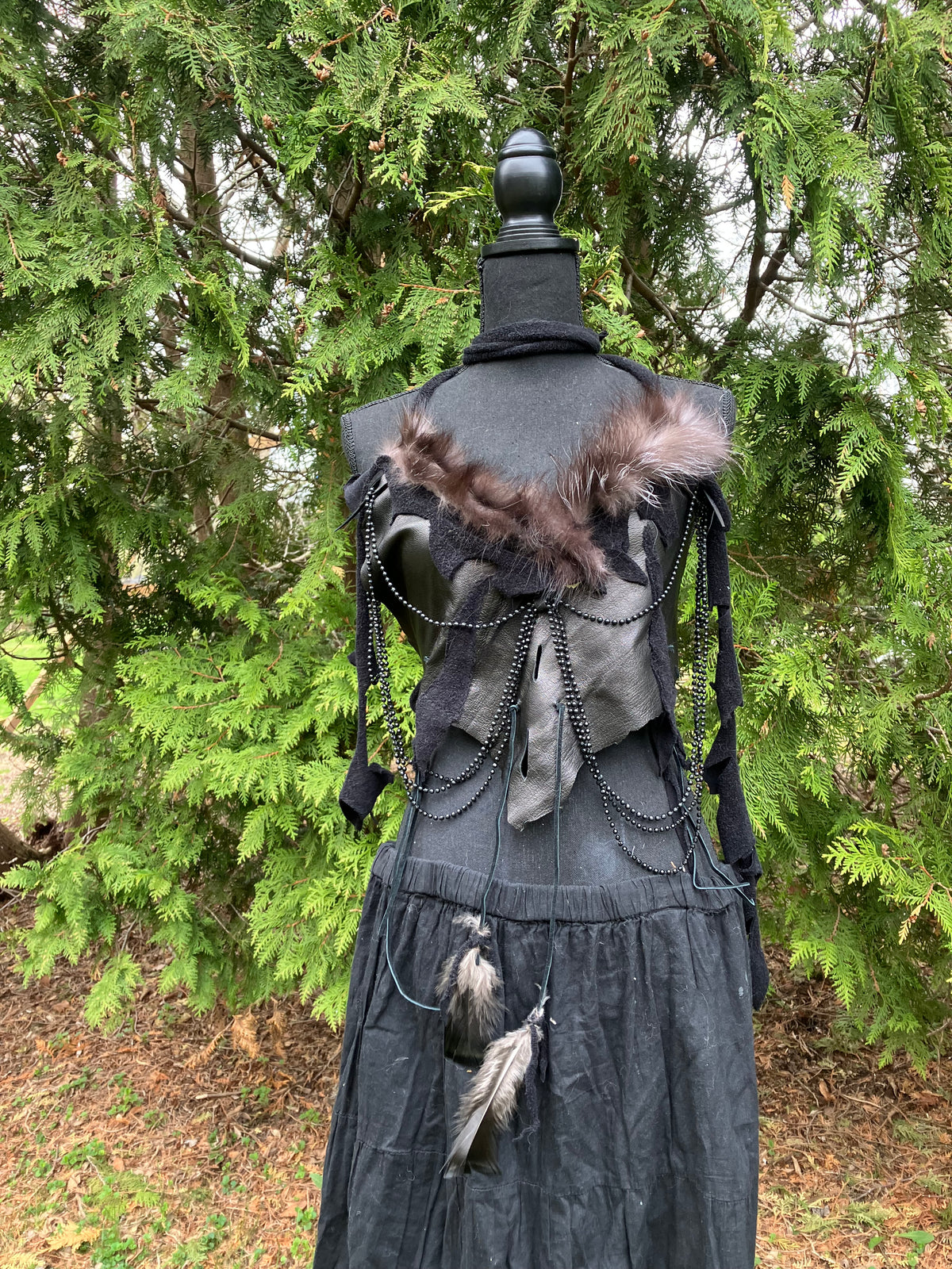silver fox fur leather top w/ turkey feathers & beads