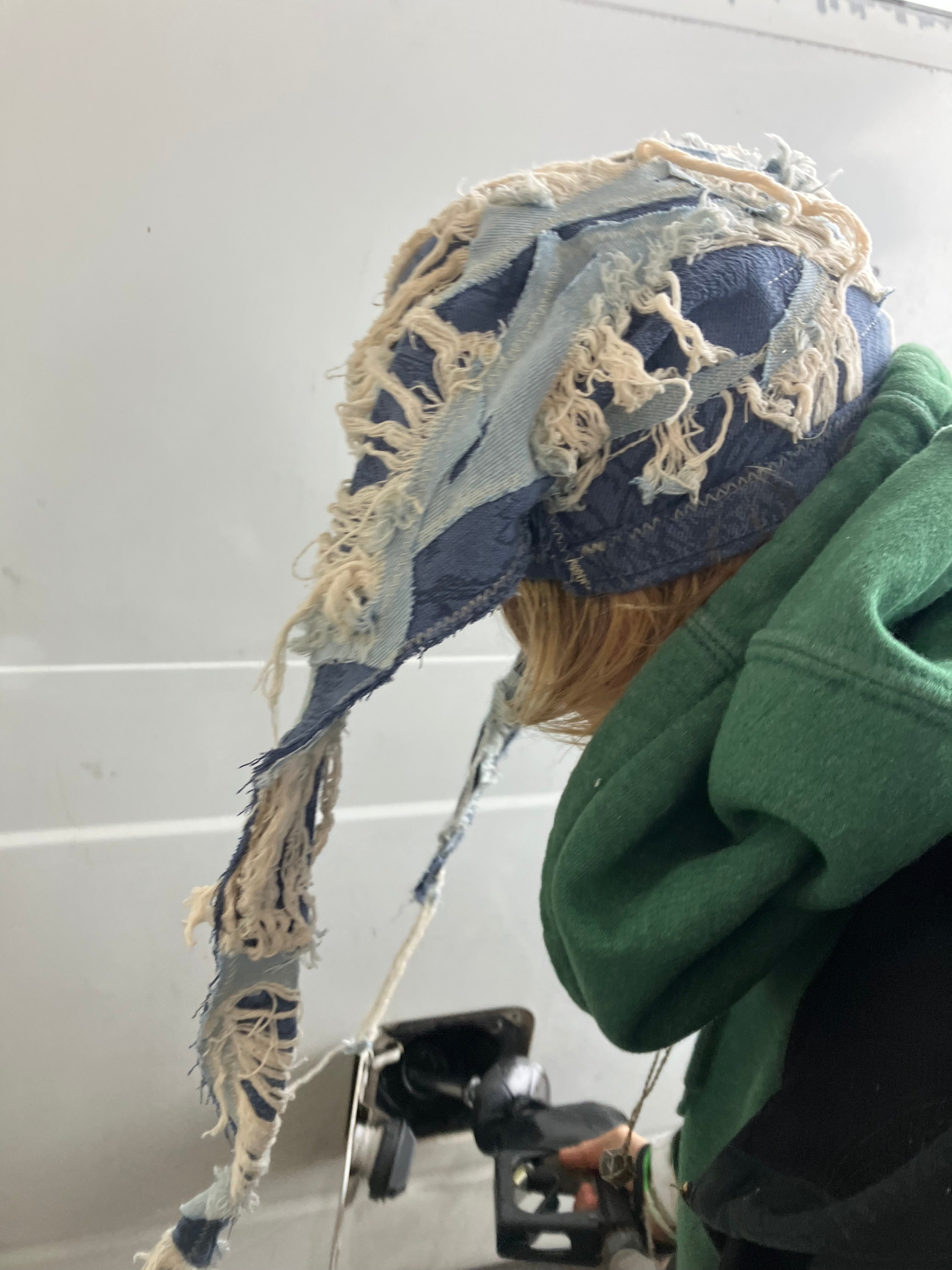 distressed denim patchwork hat ￼