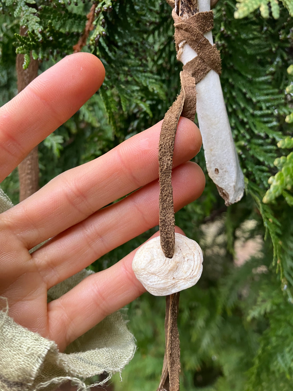 necklace w/ wildcrafted bone, shell & feathers