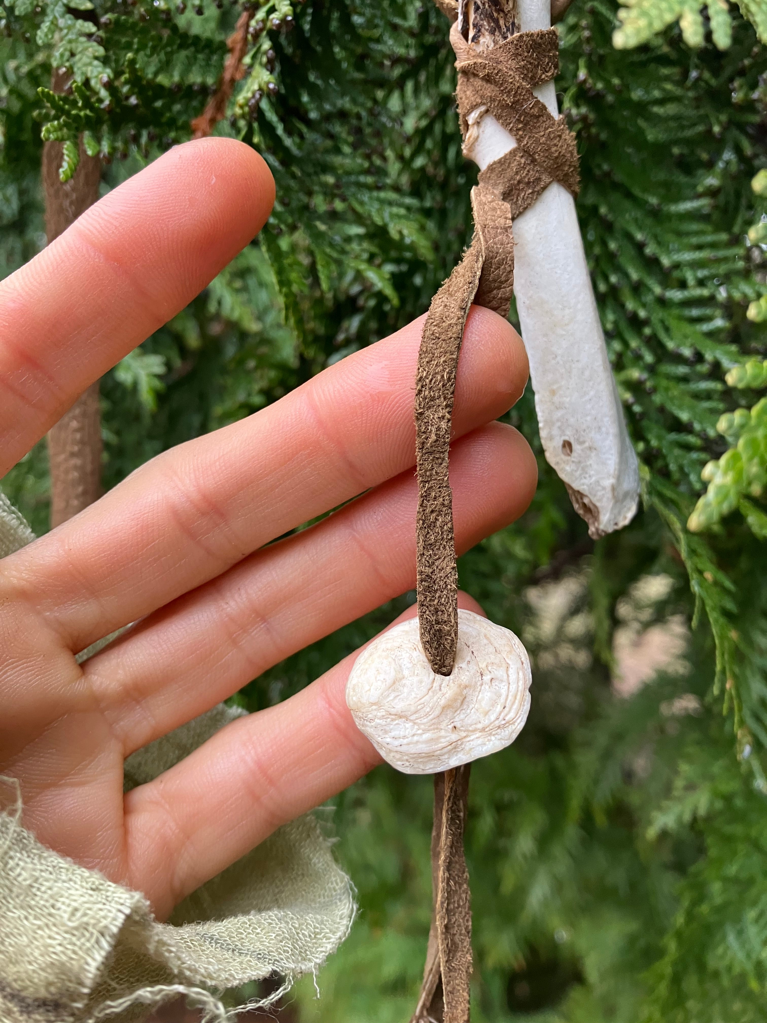 necklace w/ wildcrafted bone, shell & feathers