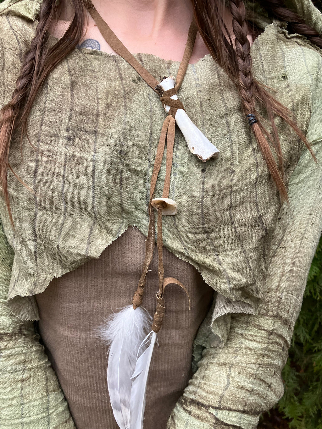 necklace w/ wildcrafted bone, shell & feathers