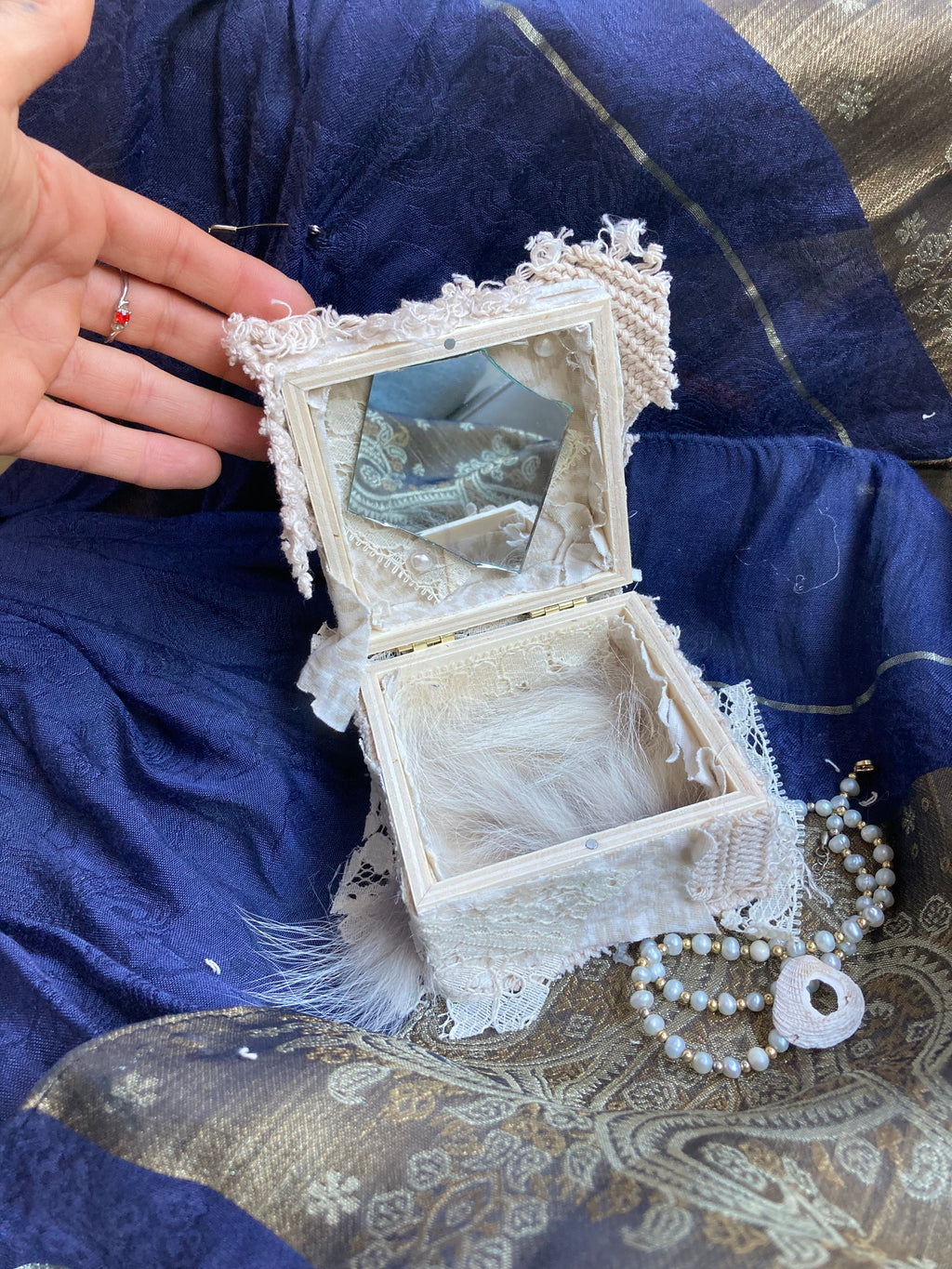 wooden jewelry box with coyote pelt, mirrors & pearls