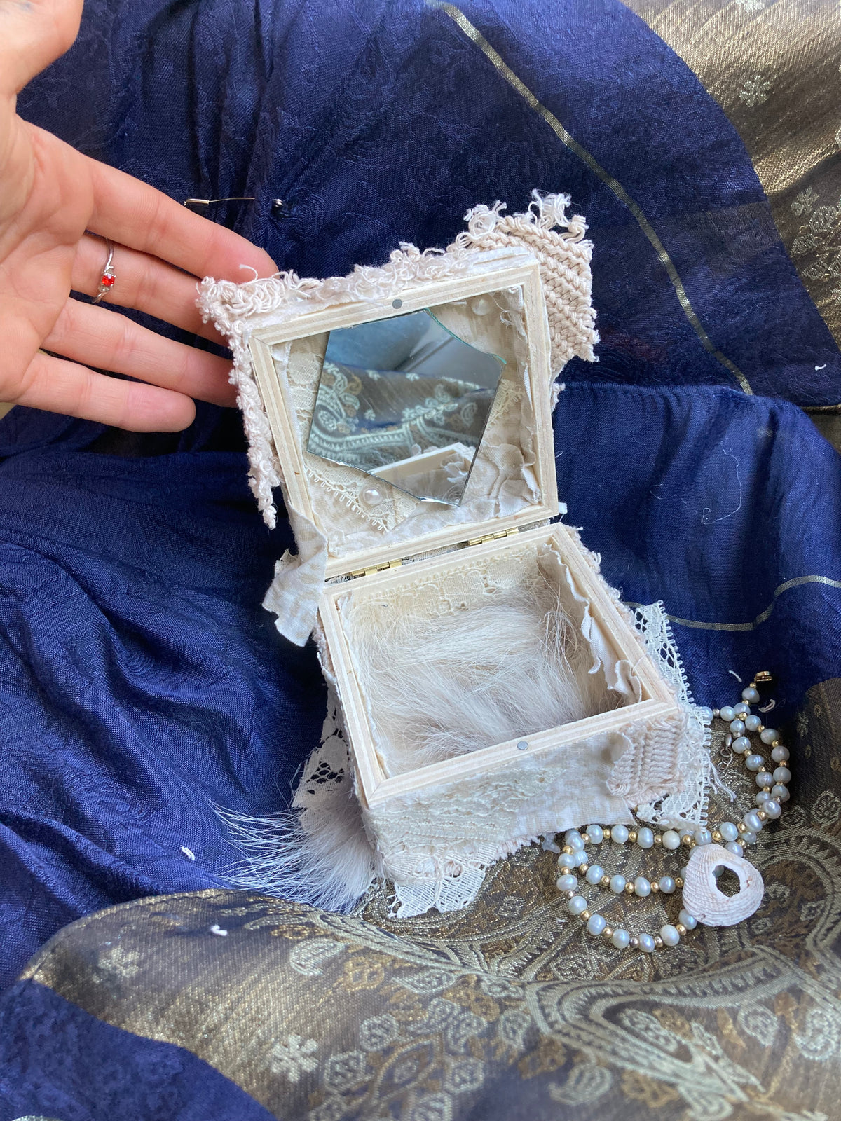 wooden jewelry box with coyote pelt, mirrors & pearls