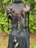 silver fox fur leather top w/ turkey feathers & beads