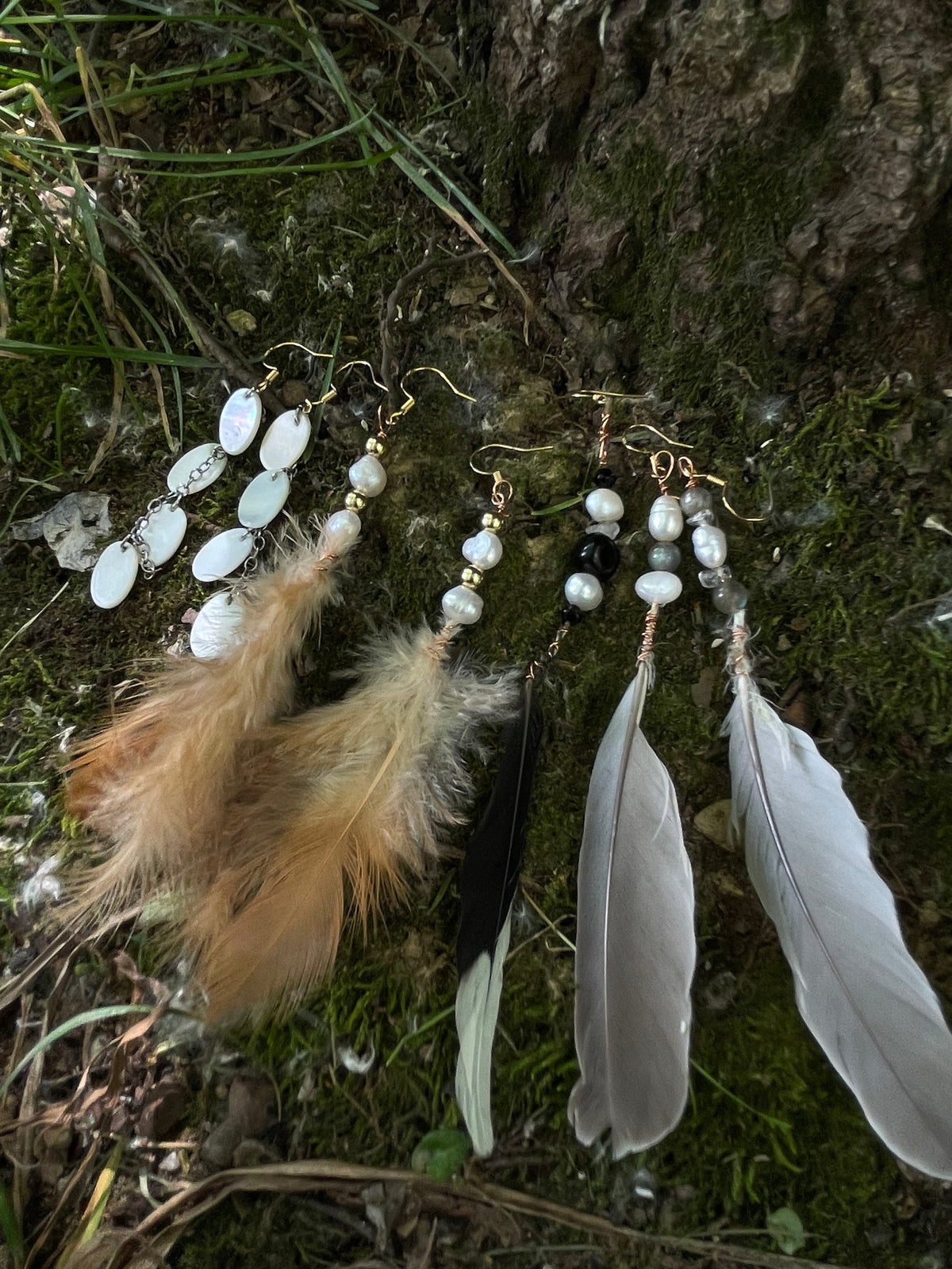 earring bundle • freshwater pearls, 18k gold, wild feathers