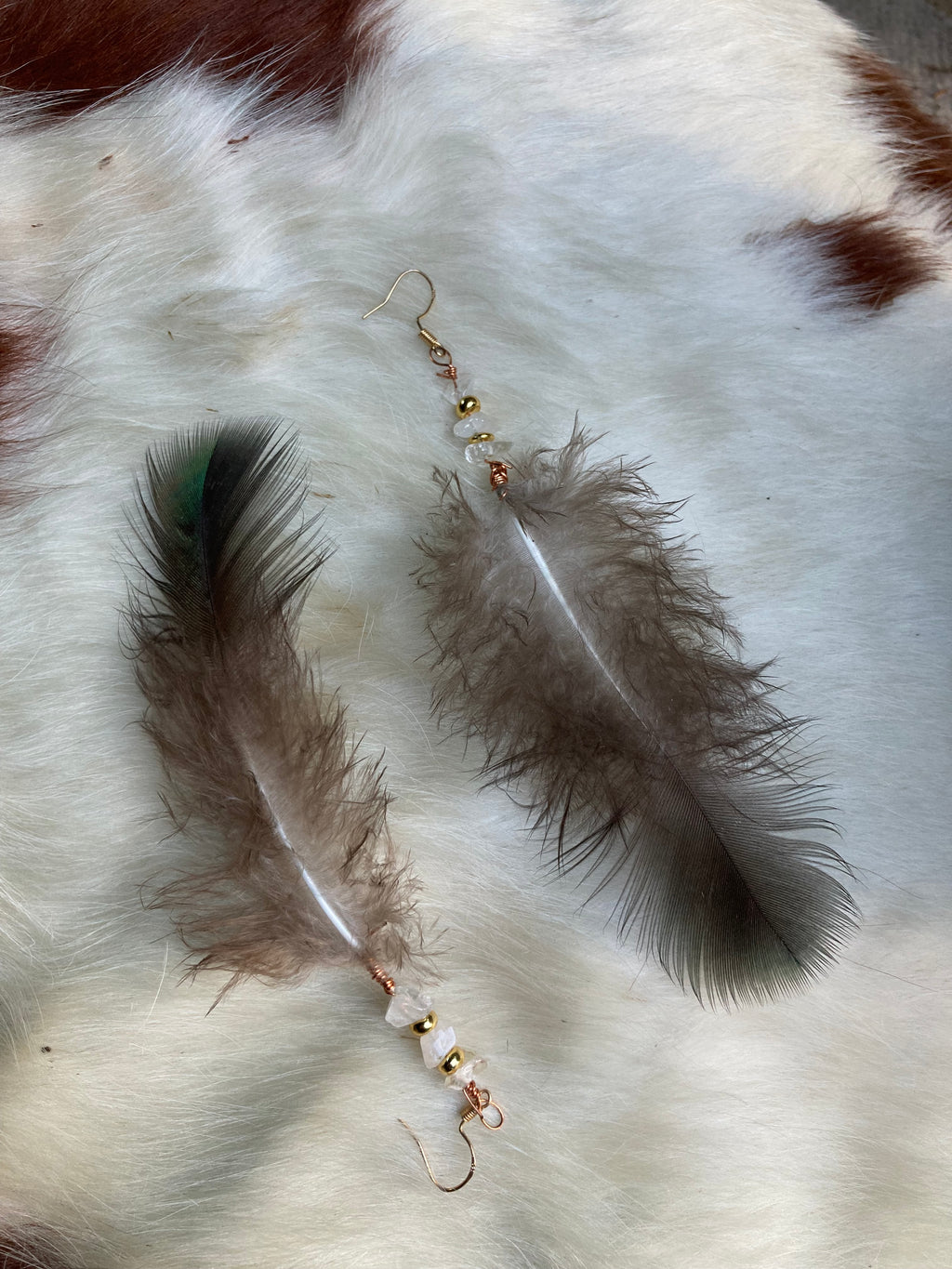 iridescent peacock feather earrings • freshwater pearls & gold