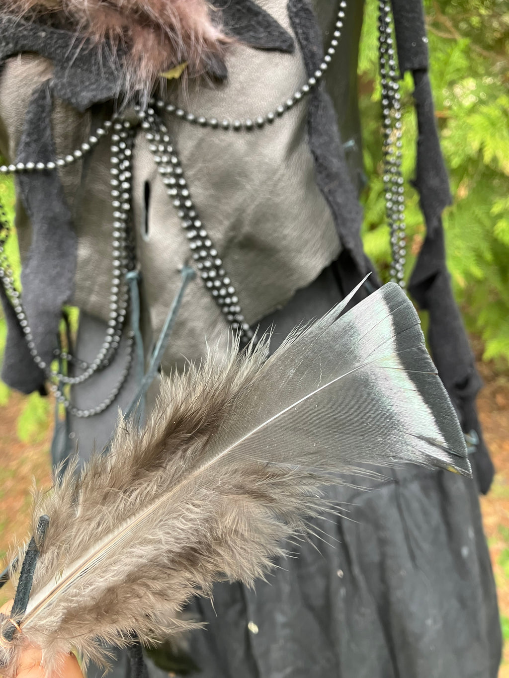 silver fox fur leather top w/ turkey feathers & beads