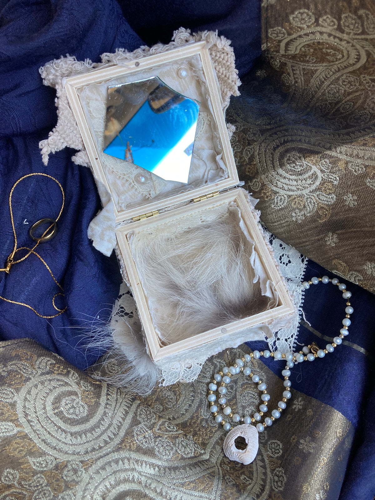 wooden jewelry box with coyote pelt, mirrors & pearls