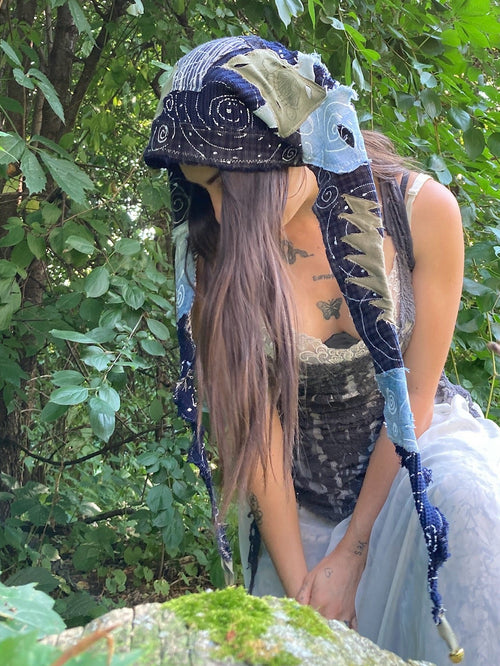 blue swirl jester hat w/ grateful dead patches