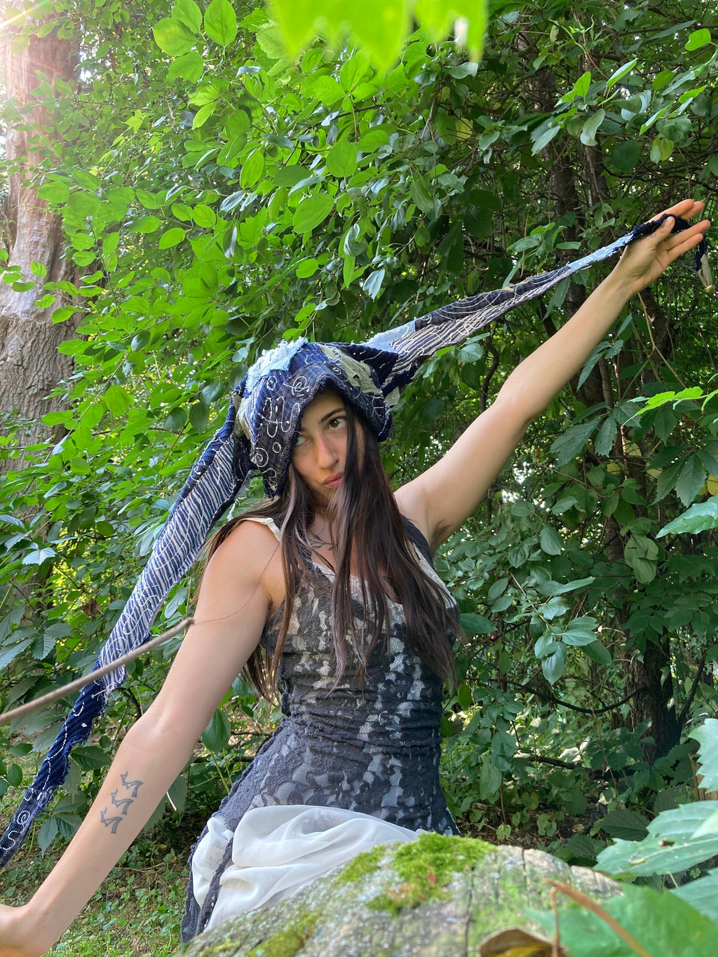 blue swirl jester hat w/ grateful dead patches