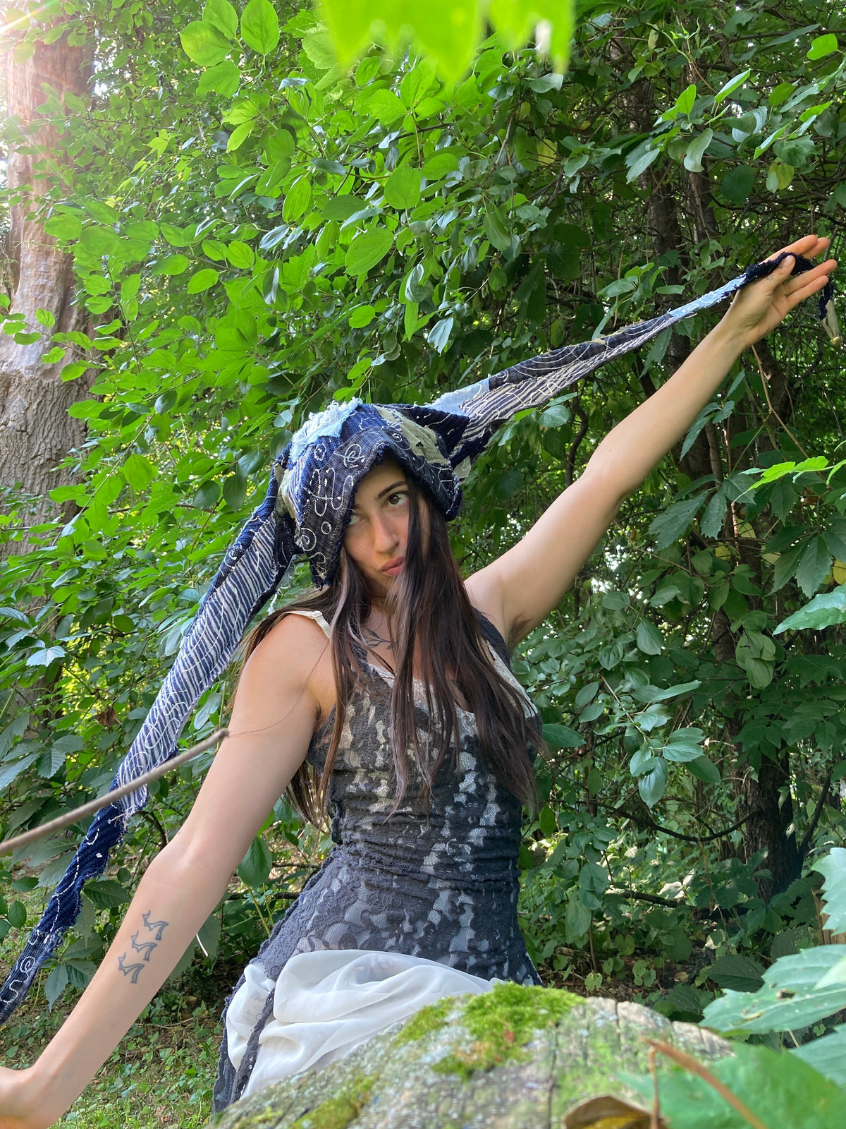 blue swirl jester hat w/ grateful dead patches