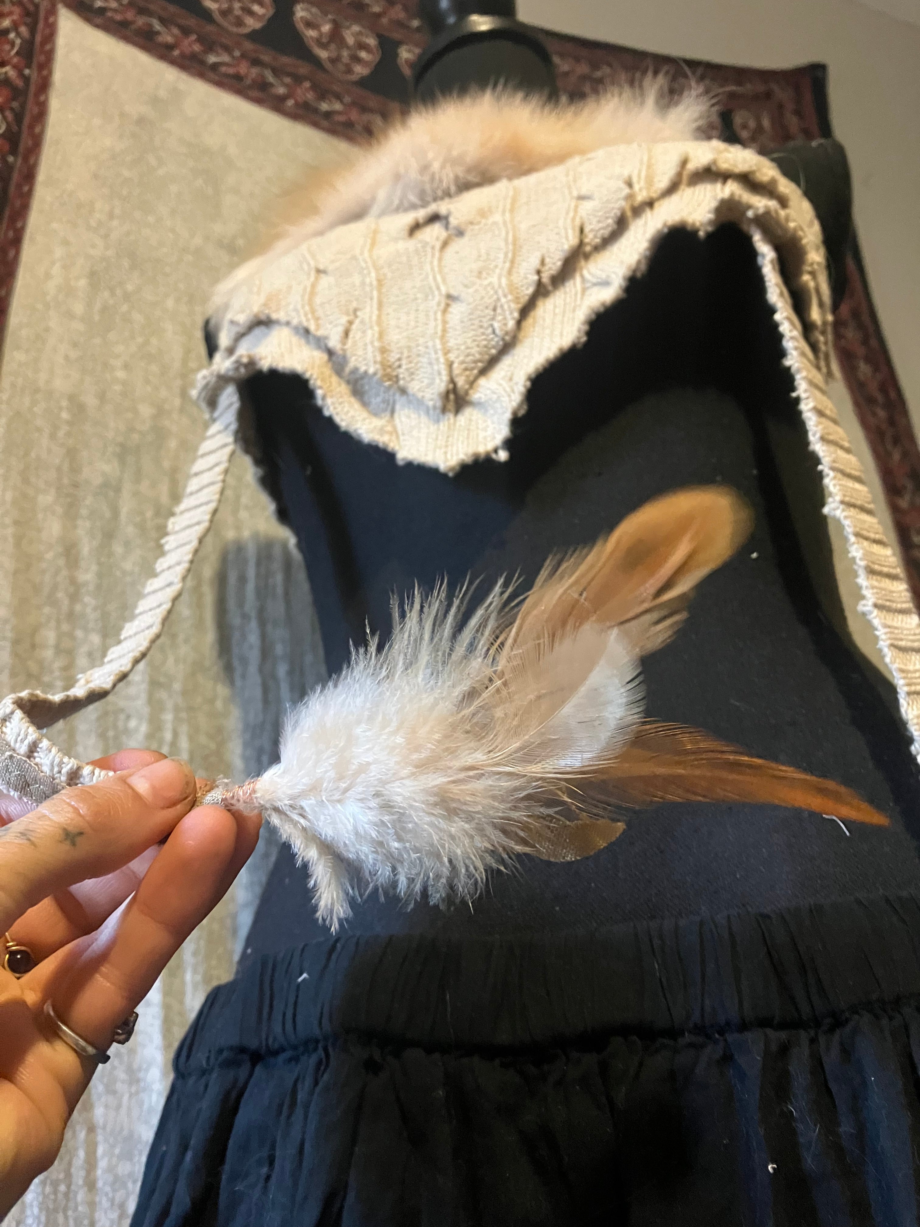 two piece cotton & cashmere fairy dress w/ feathers + cayote pelt