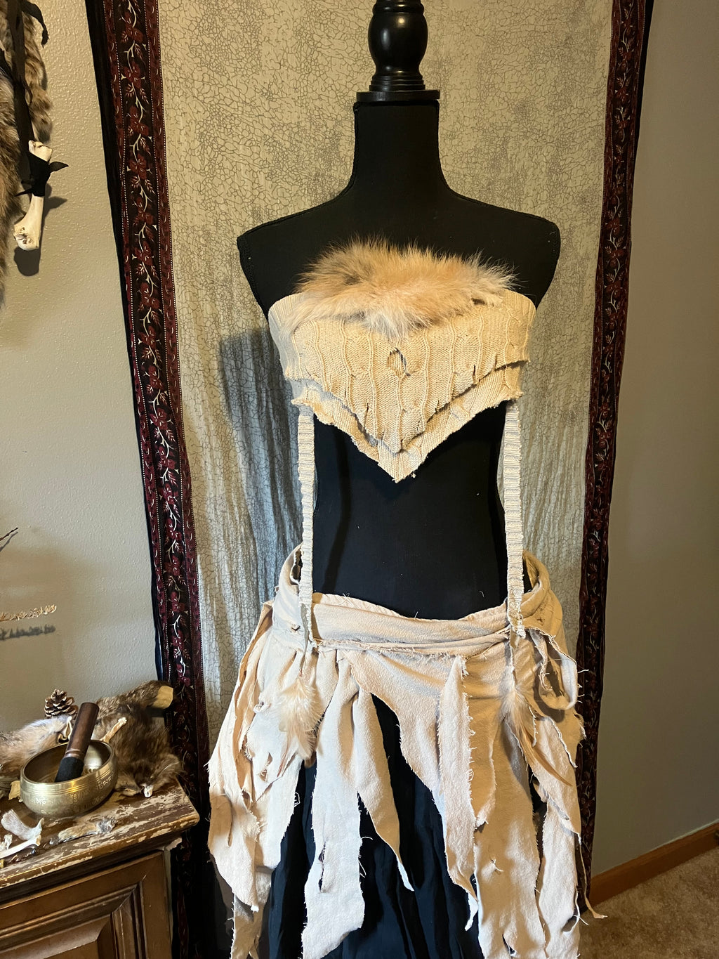 two piece cotton & cashmere fairy dress w/ feathers + cayote pelt