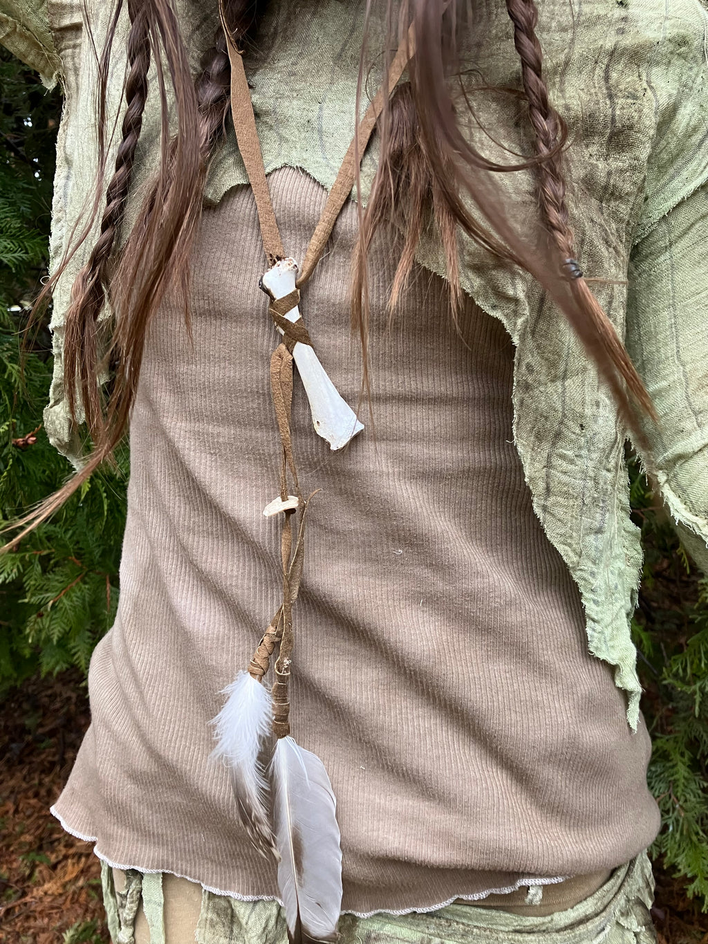 necklace w/ wildcrafted bone, shell & feathers