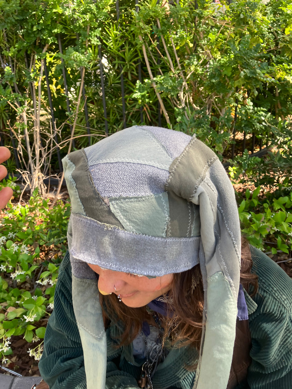 cotton patchwork hat with feathers + bells