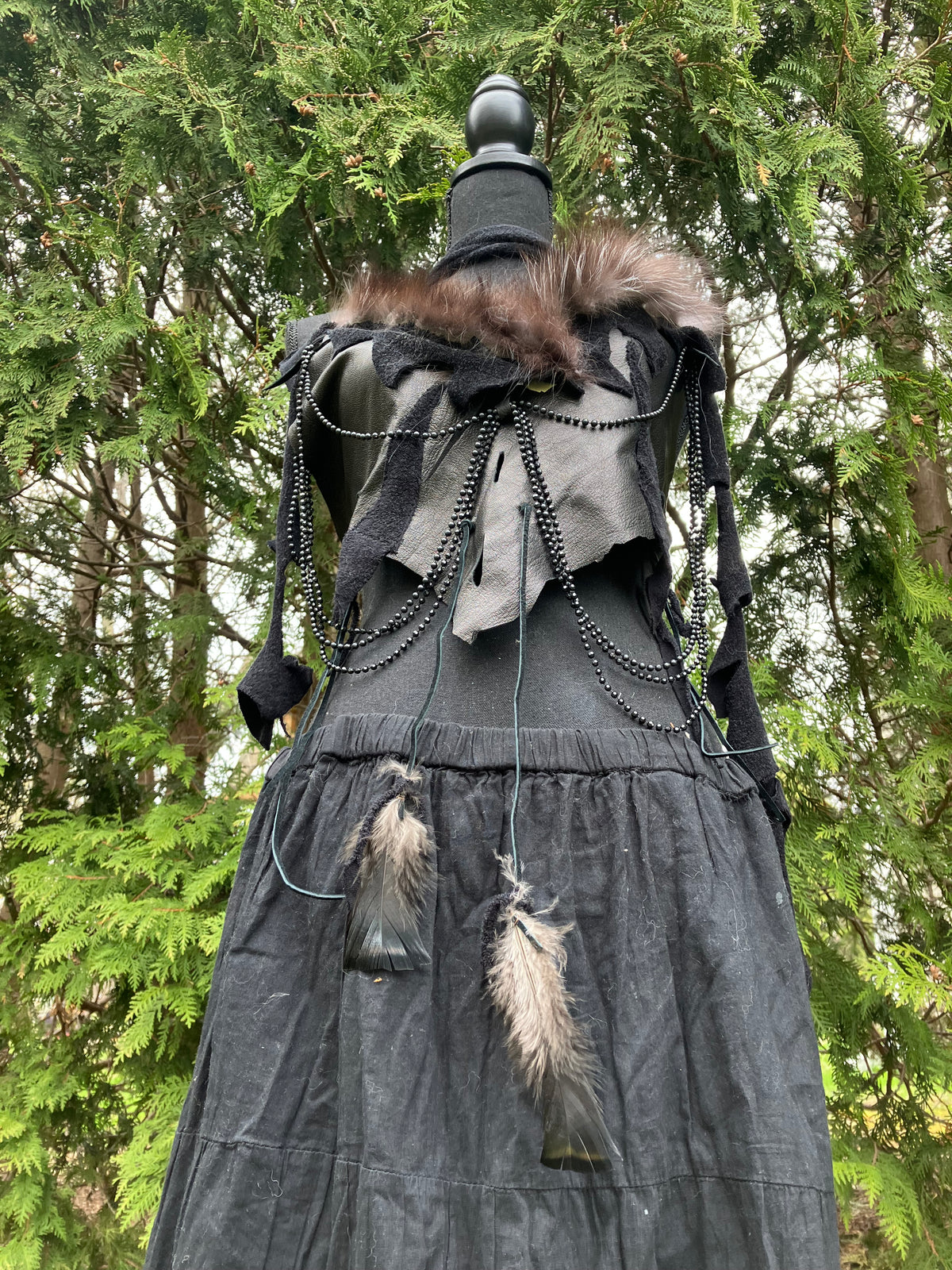 silver fox fur leather top w/ turkey feathers & beads