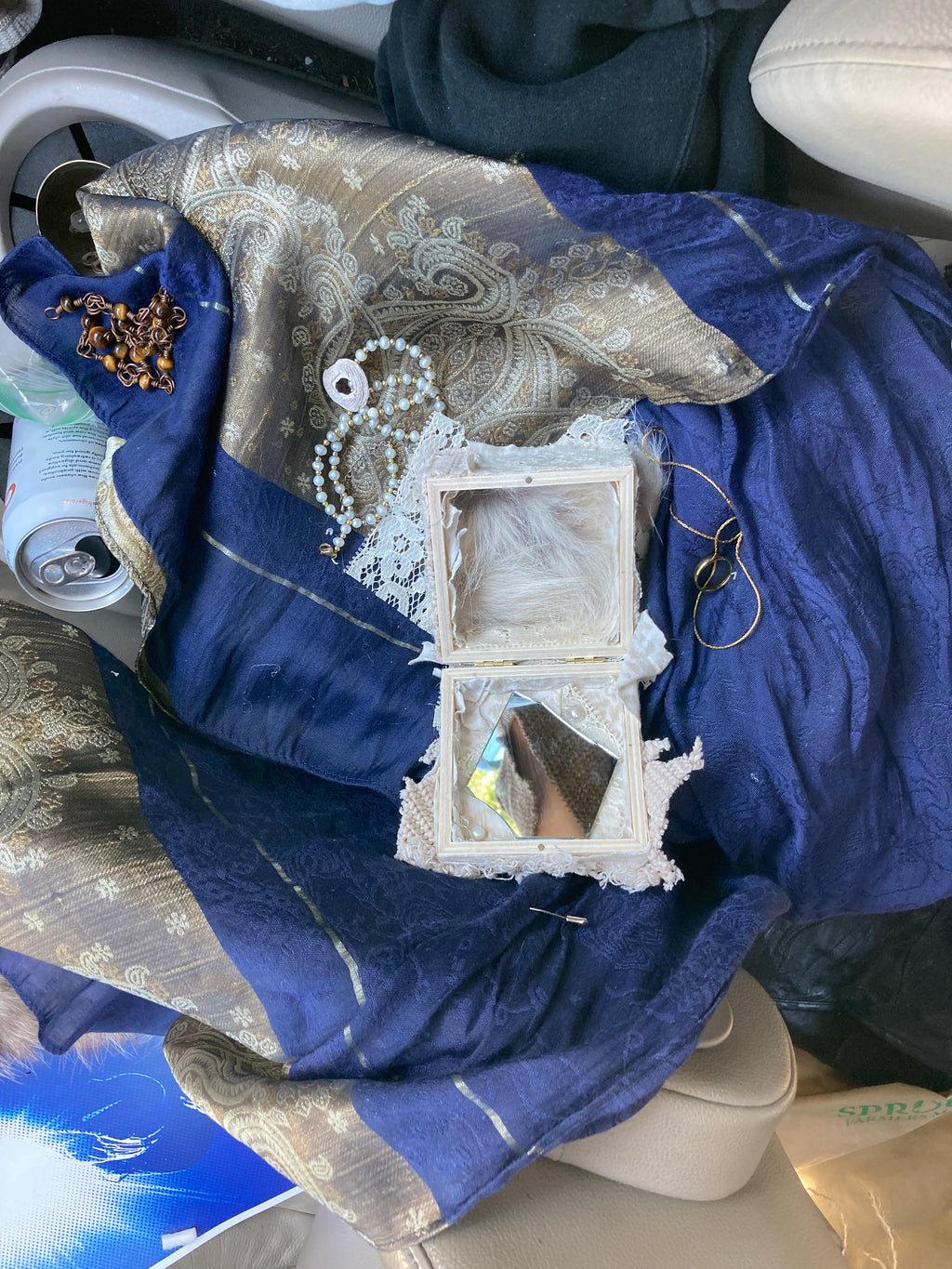 wooden jewelry box with coyote pelt, mirrors & pearls