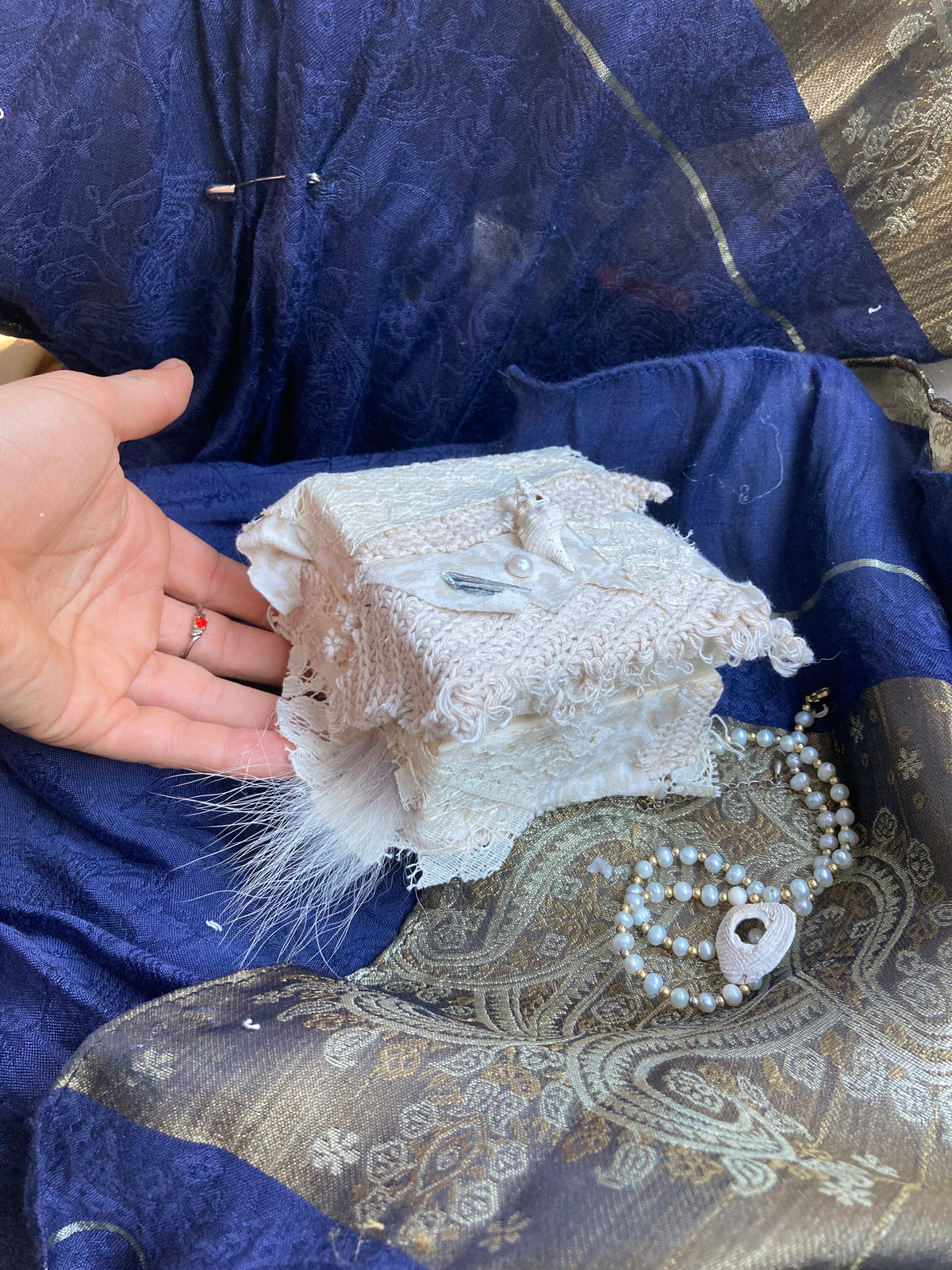 wooden jewelry box with coyote pelt, mirrors & pearls