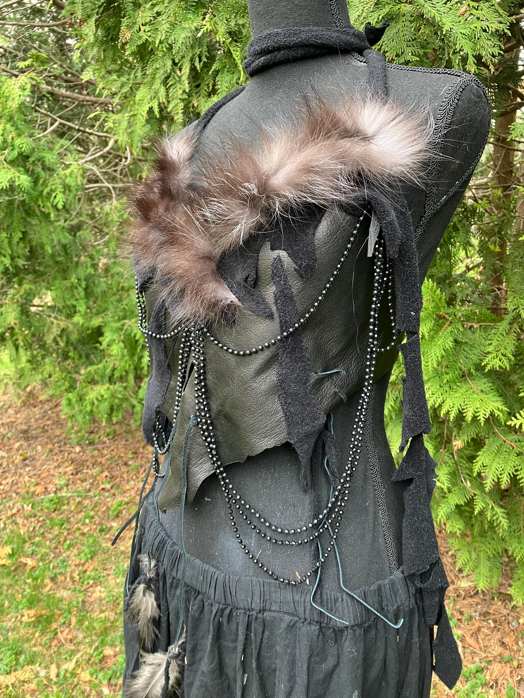 silver fox fur leather top w/ turkey feathers & beads